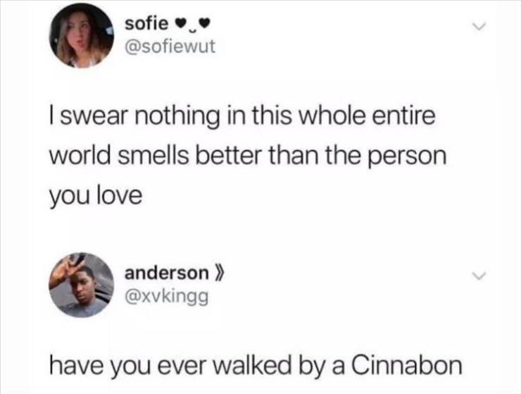 have you ever walked by a cinnabon memes - sofie I swear nothing in this whole entire world smells better than the person you love anderson >> have you ever walked by a Cinnabon