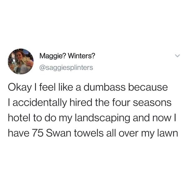 Maggie? Winters? Okay I feel a dumbass because Taccidentally hired the four seasons hotel to do my landscaping and now | have 75 Swan towels all over my lawn