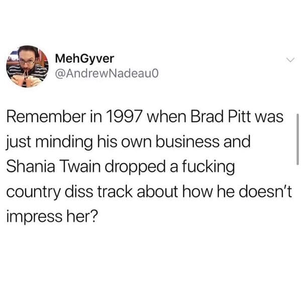 braking with left foot tweet - MehGyver Remember in 1997 when Brad Pitt was just minding his own business and Shania Twain dropped a fucking country diss track about how he doesn't impress her?