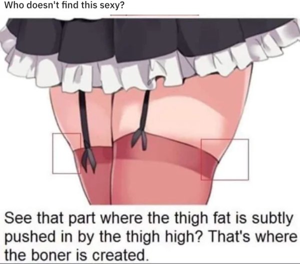 cartoon - Who doesn't find this sexy? See that part where the thigh fat is subtly pushed in by the thigh high? That's where the boner is created.
