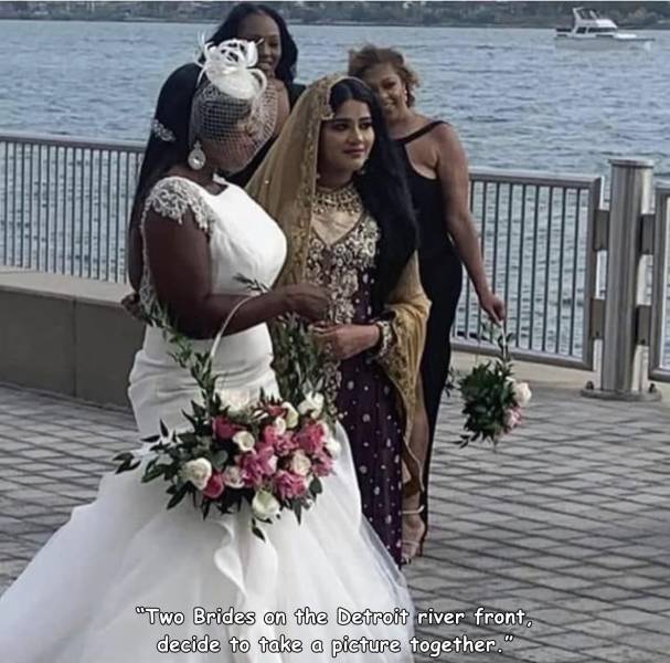 gown - "Two Brides on the Detroit river front, decide to take a picture together."
