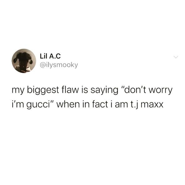 Lil A.C my biggest flaw is saying "don't worry i'm gucci" when in fact i am t.j maxx