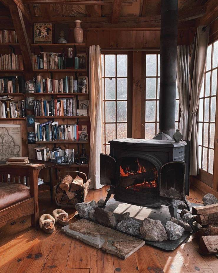 funny random pics - home library with fireplace