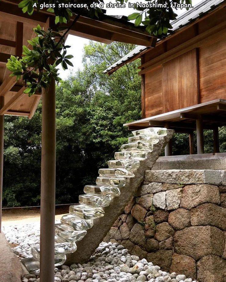 funny random pics - naoshima glass stairs - A glass staircase, at a shrine in Naoshima, Japan.