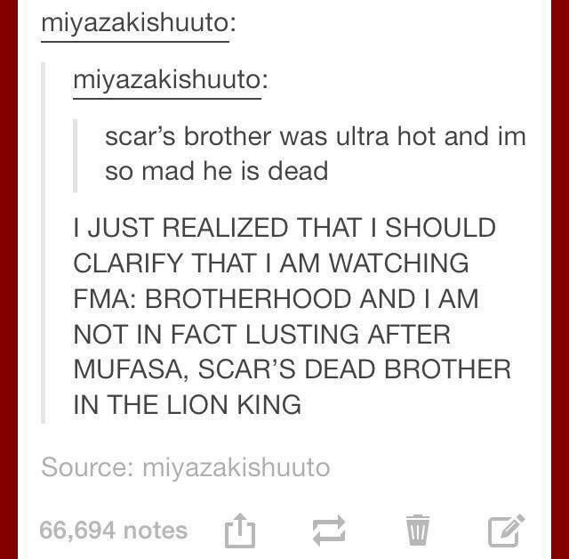 funny posts fullmetal alchemist - miyazakishuuto miyazakishuuto scar's brother was ultra hot and im so mad he is dead I Just Realized That I Should Clarify That I Am Watching Fma Brotherhood And I Am Not In Fact Lusting After Mufasa, Scar'S Dead Brother I