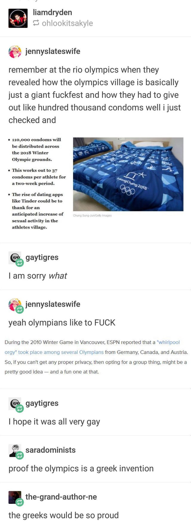 web page - liamdryden ohlookitsakyle jennyslateswife remember at the rio olympics when they revealed how the olympics village is basically just a giant fuckfest and how they had to give out hundred thousand condoms well i just checked and 110,000 condoms 