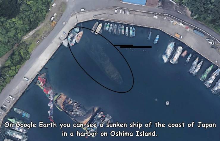 aerial photography - On Google Earth you can see a sunken ship of the coast of Japan in a harbor on Oshima Island.