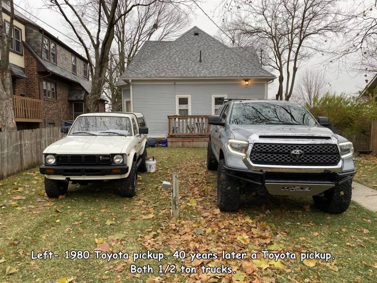 awesome pics and badass photos - bumper - Left 1980 Toyota pickup. 40 years later a Toyota pickup. Both 12 ton trucks.