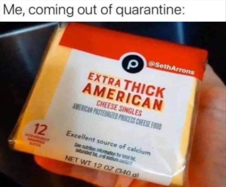 orange - Me, coming out of quarantine Extra Thick American Cheese Singles Imerican Pasteurized Process Cheese Food 12. Excellent source of calcium Seeniormation for Net Wt 12 Oz 340