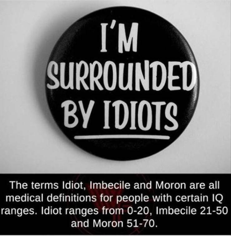 label - I'M Surrounded By Idiots The terms Idiot, Imbecile and Moron are all medical definitions for people with certain Iq ranges. Idiot ranges from 020, Imbecile 2150 and Moron 5170.