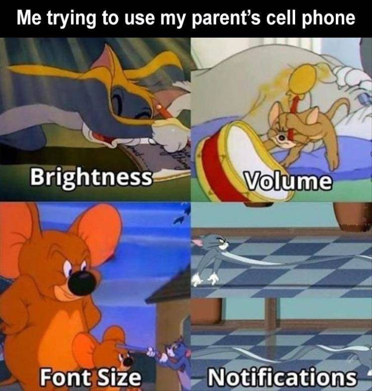 mom's phone meme - Me trying to use my parent's cell phone Brightness Volume Font Size Notifications