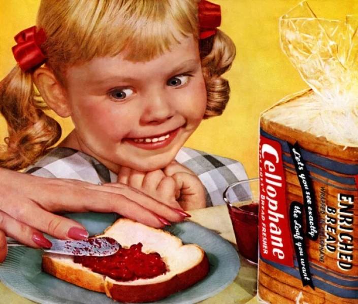 vintage ads - Enriched Bread Wrapped Topmane sets you see exactly the doof you want Cellophane en Bread Fresmer
