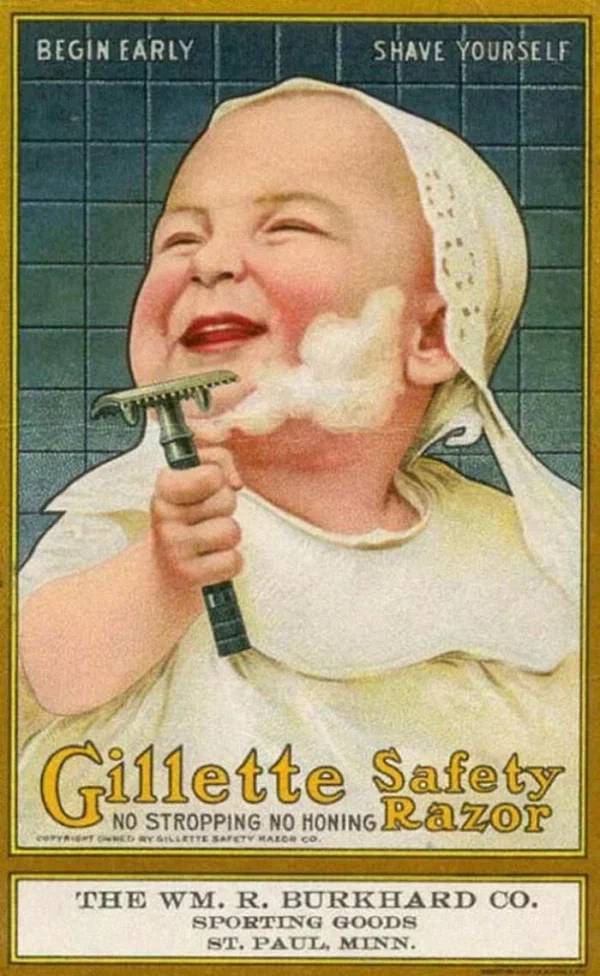 vintage ads that would be banned today - Begin Early Shave Yourself Gillette Safety No Stropping No Honing Razor Red By Illette Safety Haldeco The Wm. R. Burkhard Co. Sporting Goods St. Paul, Minn.