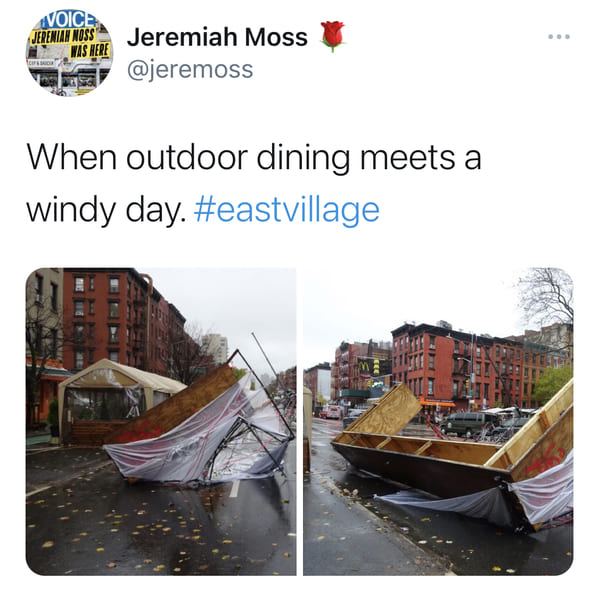 water transportation - Voice Jerenian Noss Was Here Jeremiah Moss Sco When outdoor dining meets a windy day.