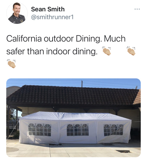 roof - Sean Smith California outdoor Dining. Much safer than indoor dining.