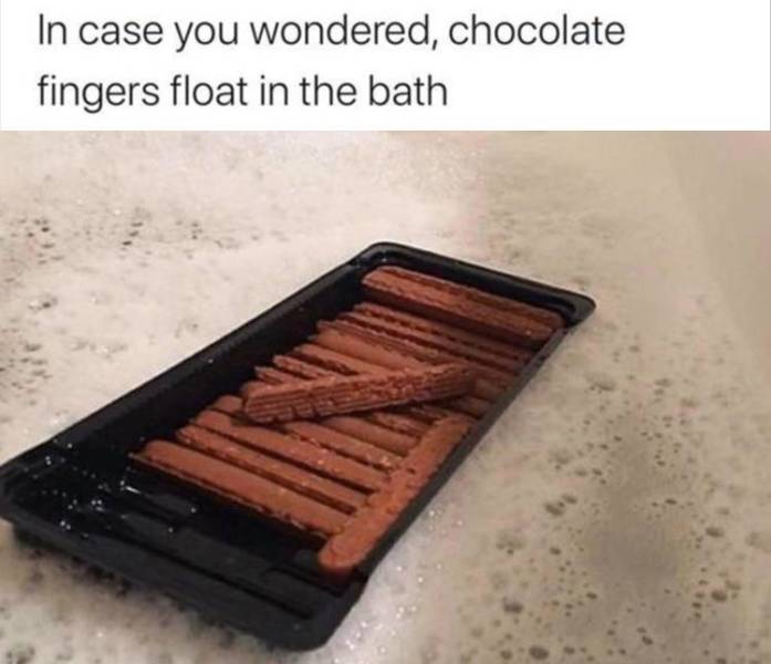 material - In case you wondered, chocolate fingers float in the bath