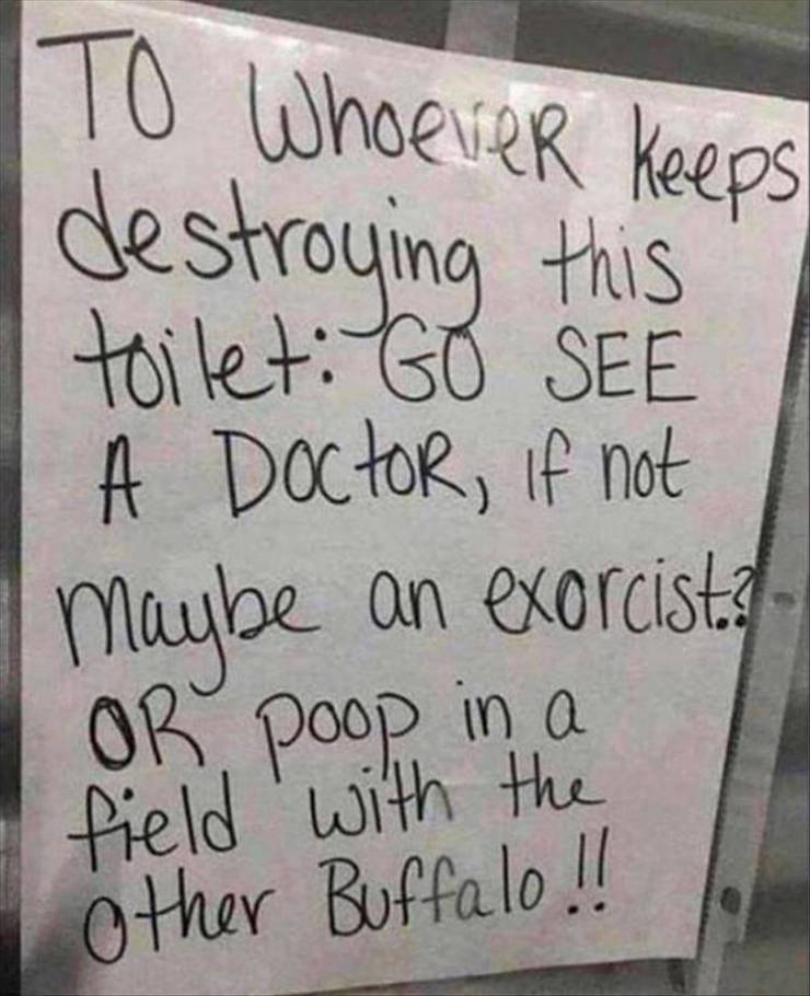 writing - To Whoever keeps destroying this toilet Go See A Doctor, if not Maybe an exorcista Or poop in a field with the other Buffalo !!