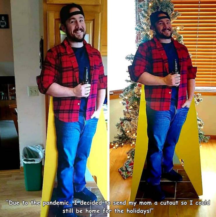 random photos and cool pics - plaid - Le "Due to the pandemic, I decided to send my mom a cutout so I could still be home for the holidays!"