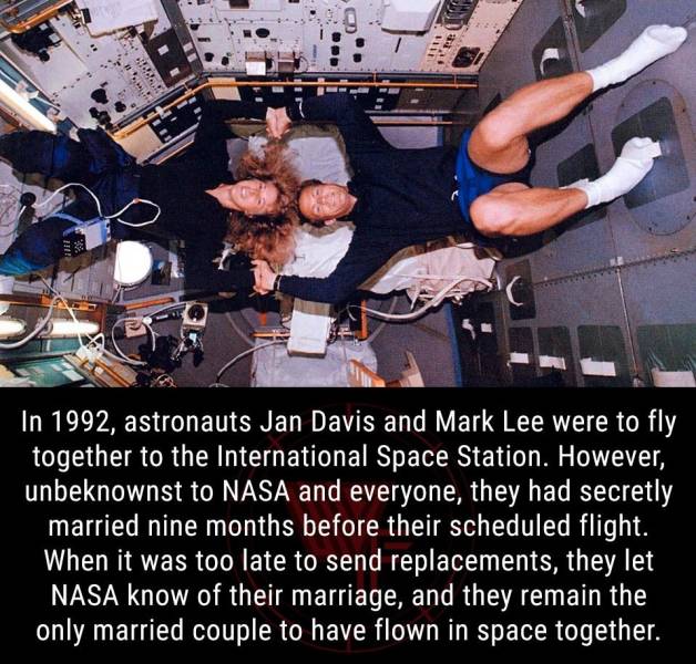 funny random pics - photo caption - C In 1992, astronauts Jan Davis and Mark Lee were to fly together to the International Space Station. However, unbeknownst to Nasa and everyone, they had secretly married nine months before their scheduled flight. When 
