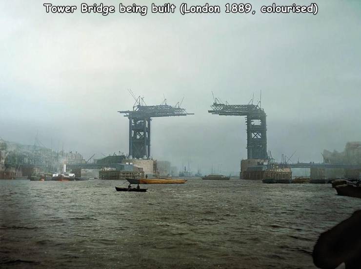 tower bridge under construction - Tower Bridge being built London 1889, colourised