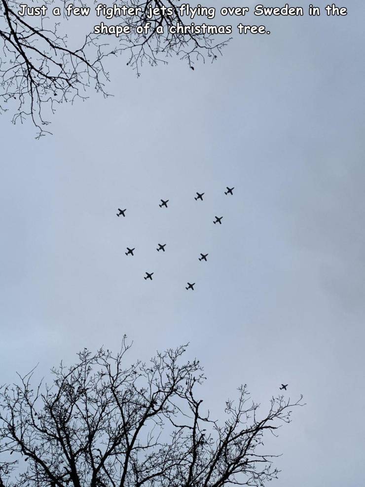 funny random photos - Just a few fighter jets flying over Sweden in the shape of a christmas tree.
