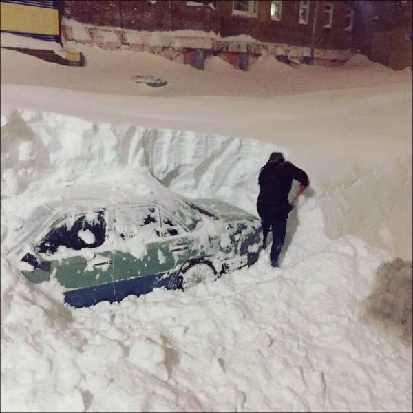 funny random photos - man digging out his car from the snow