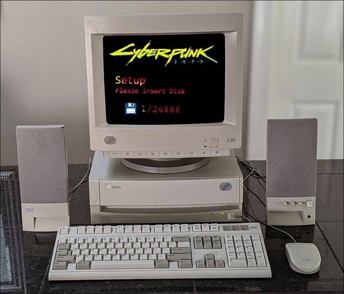funny random photos - cyberpunk 2077 video game playing on really old desktop computer