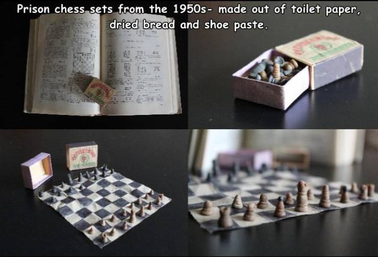funny random photos - Prison chess sets from the 1950s made out of toilet paper, dried bread and shoe paste.