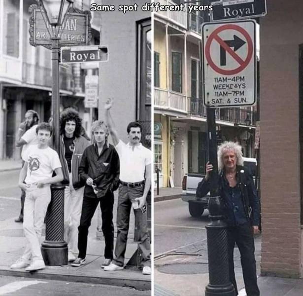 funny random pics - brian may standing where his band once stood - Same spot different years Royal Jan Artilleries Re Roya 11AM4PM Weekdays 11AM7PM Sat. & Sun