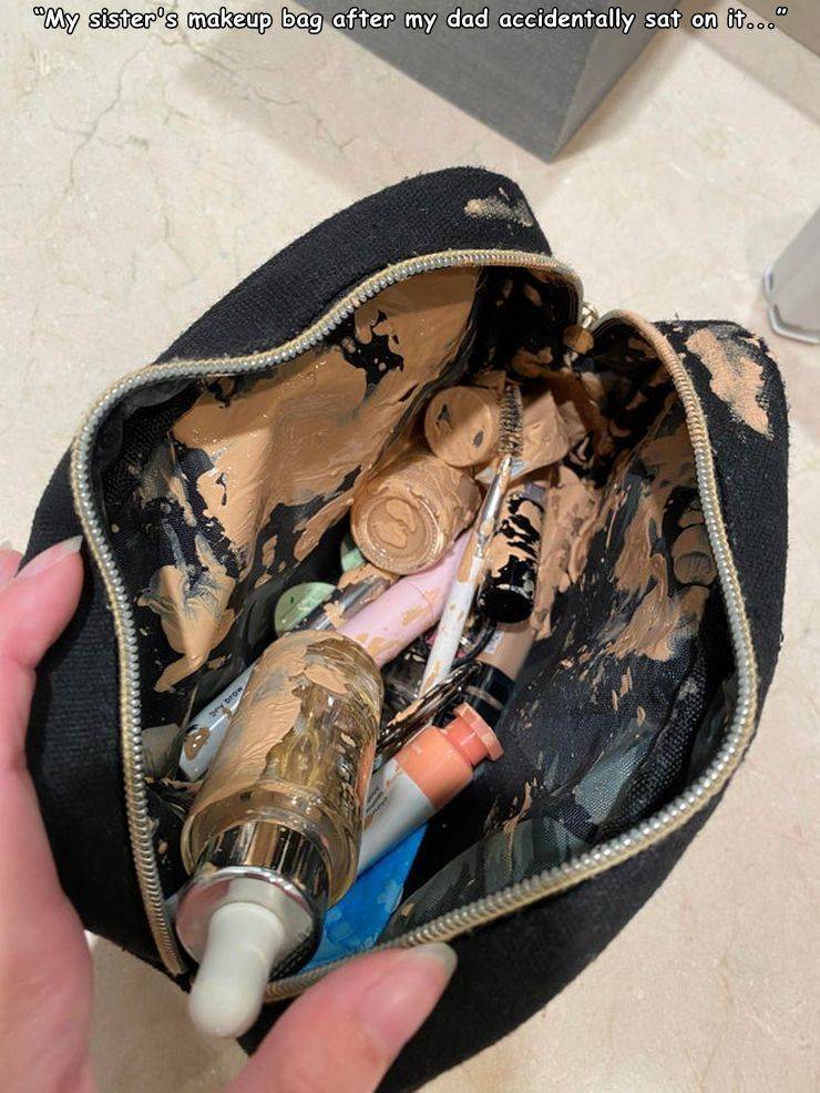 funny random pics - au "My sister's makeup bag after my dad accidentally sat on it..."