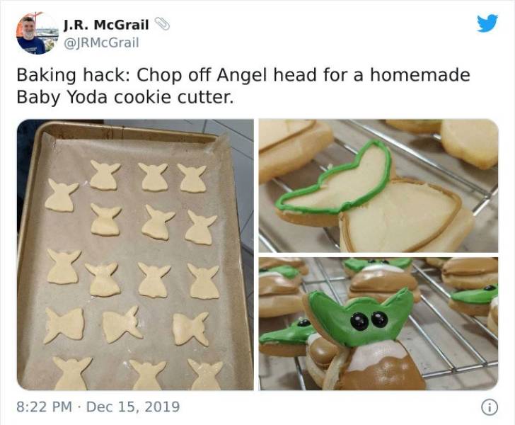 cookies and crackers - J.R. McGrail Baking hack Chop off Angel head for a homemade Baby Yoda cookie cutter. w 0