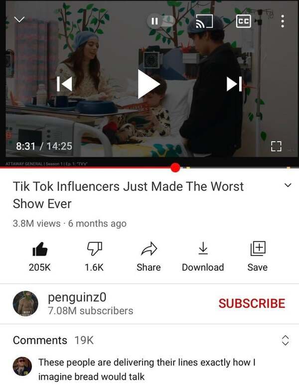 screenshot - Cc Attaway General Season 1 Ep. 1.Tw Tik Tok Influencers Just Made The Worst Show Ever 3.8M views 6 months ago Download Save penguinzo 7.08M subscribers Subscribe 19K These people are delivering their lines exactly how I imagine bread would t