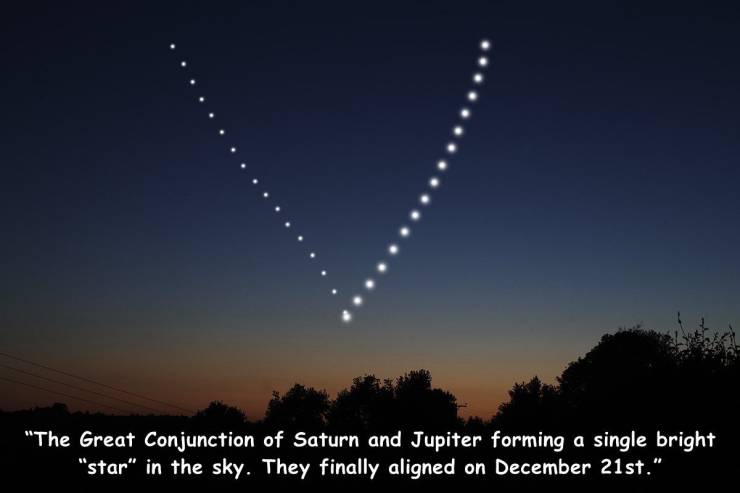 sky - "The Great Conjunction of Saturn and Jupiter forming a single bright "star" in the sky. They finally aligned on December 21st."