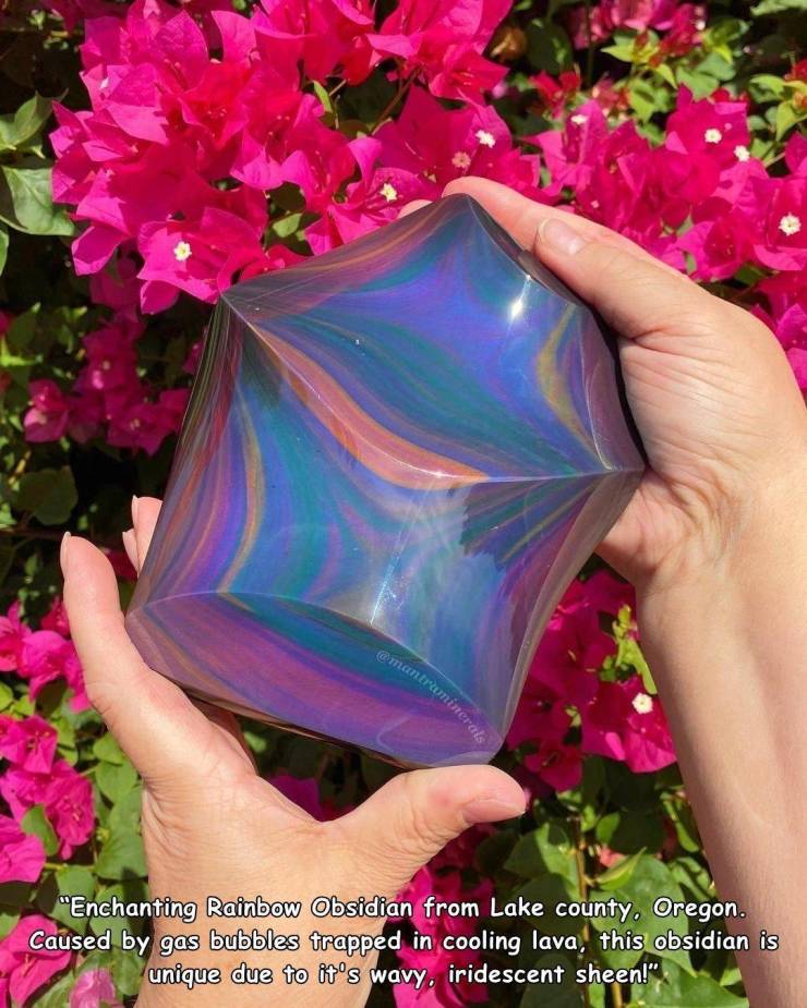 flower - "Enchanting Rainbow Obsidian from Lake county, Oregon. Caused by gas bubbles trapped in cooling lava, this obsidian is unique due to it's wavy. iridescent sheen!"