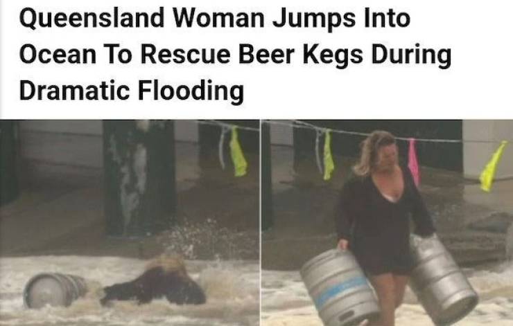 Beer - Queensland Woman Jumps Into Ocean To Rescue Beer Kegs During Dramatic Flooding