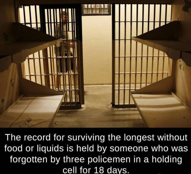The record for surviving the longest without food or liquids is held by someone who was forgotten by three policemen in a holding cell for 18 days.