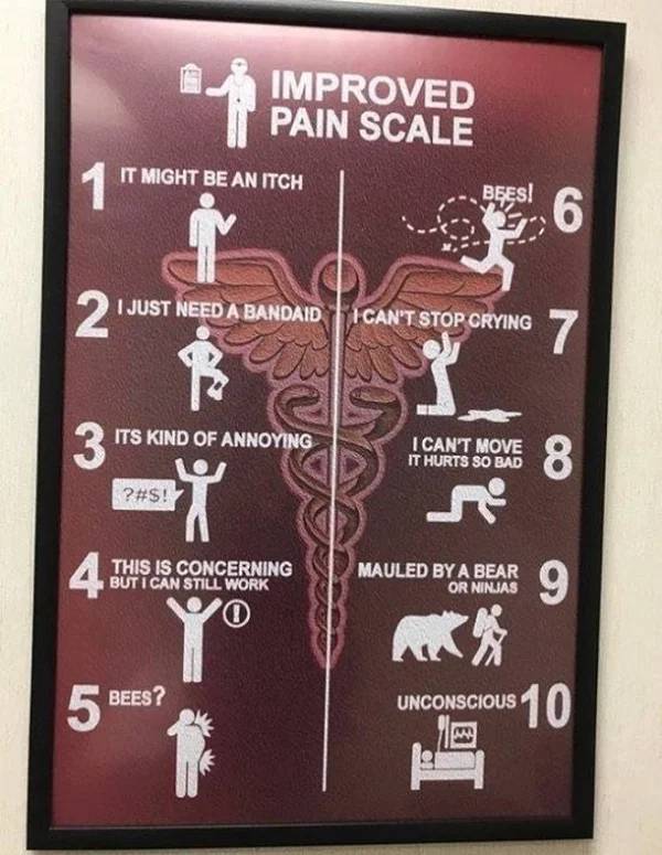improved pain scale poster - Improved Pain Scale It Might Be An Itch Bges! I Just Need A Bandaid I Can'T Stop Crying ti 1 6 vos 2 7 B. 3 8 re 4 9 yo 5 Bees? 10 Its Kind Of Annoying I Can'T Move It Hurts So Bad ?#$! This Is Concerning But I Can Still Work 