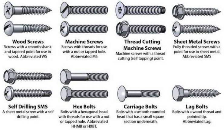screw types chart - 02 jeninowooo Wood Screws Screws with a smooth shank and tapered point for use in wood. Abbreviated Ws Machine Screws Screws with threads for use with a nut or tapped hole. Abbreviated Ms Thread Cutting Machine Screws Machine screws wi