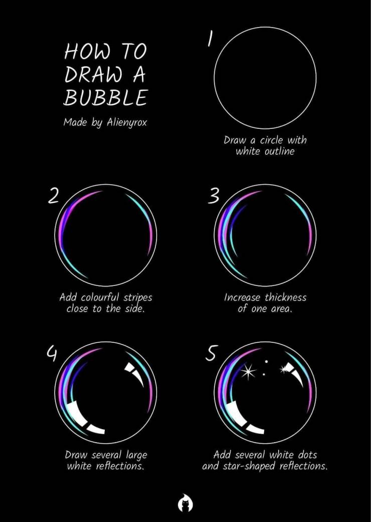 circle - How To Draw A Bubble Made by Alienyrox Draw a circle with white outline 2 3 Add colourful stripes close to the side. Increase thickness of one area. 4 5 Draw several large white reflections. Add several white dots and starshaped reflections.