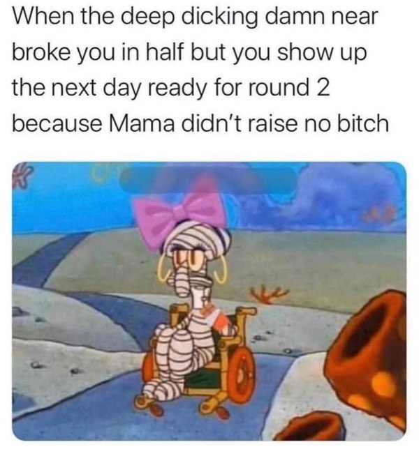 deep dicking meme - When the deep dicking damn near broke you in half but you show up the next day ready for round 2 because Mama didn't raise no bitch Be