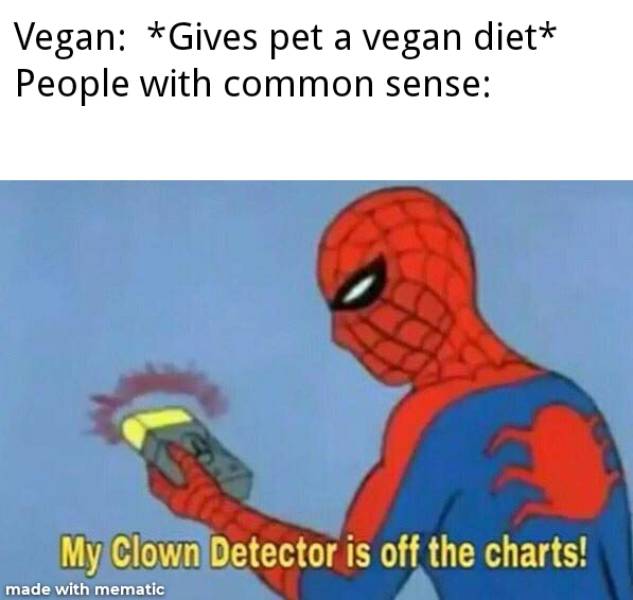 virgin detected meme - Vegan Gives pet a vegan diet People with common sense My Clown Detector is off the charts! made with mematic