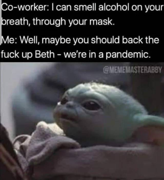 baby yoda meme - Coworker I can smell alcohol on your breath, through your mask. Me Well, maybe you should back the fuck up Beth we're in a pandemic.