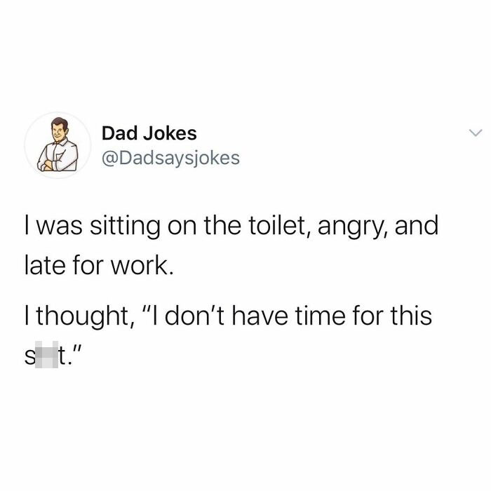 funny dad jokes - Dad Jokes I was sitting on the toilet, angry, and late for work. I thought, "I don't have time for this s t."