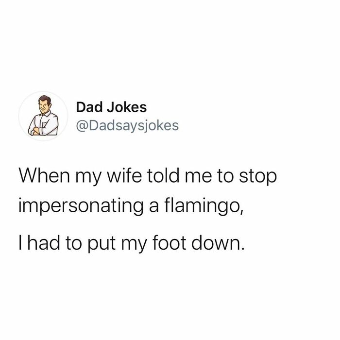 shower thoughts if - Dad Jokes When my wife told me to stop impersonating a flamingo, Thad to put my foot down.