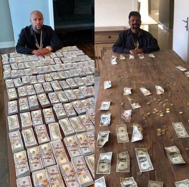 funny pictures - floyd mayweather laying out stacks of cash on table compared to poor guy laying out a little bit of money on table