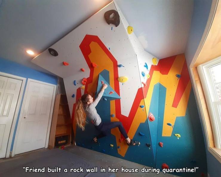 funny pictures - friend built a rock wall in her house during quarantine