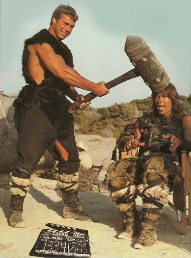 funny pictures - arnold schwarzenegger playing around on the set of conan the barbarian