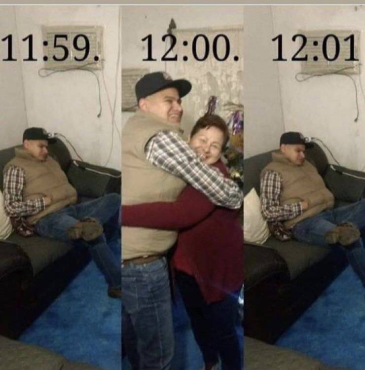 funny pictures - guy celebrating new year's with his mom but only for one minute at midnight