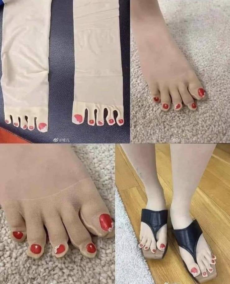 funny pictures - toe socks with pictures of red nail polish on the toes