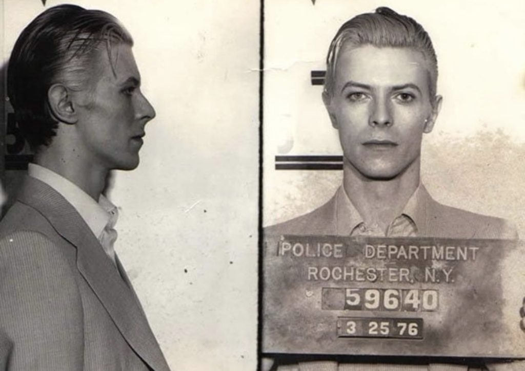 fun random pics - david bowie mugshot - Police Department Rochester, N.Y. 59640 3 25 76